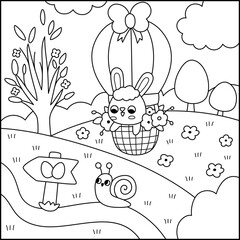 Vector Easter village square line landscape. Rural nature scene with bunny flying on hot air balloon. Spring holiday black and white background, coloring page for kids with egg hunt sign