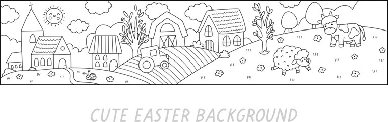 Vector Easter village horizontal line landscape. Rural black and white scene with church, house, barn, tractor, cow and sheep. Spring holiday or farm background, coloring page for kids