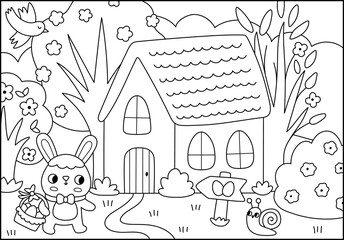 Vector Easter village horizontal landscape. Rural line scene with bunny in the blooming garden going to his house with egg basket. Spring holiday black and white background, coloring page for kids