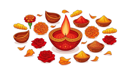 Diwali Lamp Decoration with Flowers and Spices