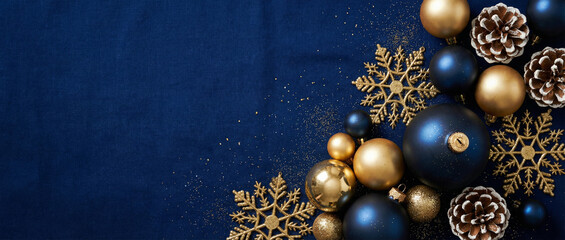 A collection of gold Christmas ornaments artfully arranged on a dark blue background, creating an elegant and festive atmosphere