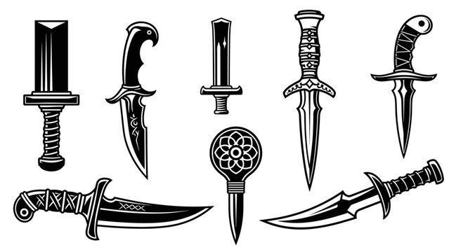 Collection of vintage daggers and short swords in various designs.