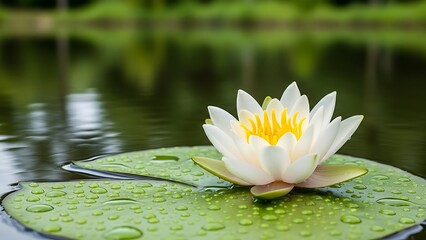 Beautiful white water lily flower on green lily pad with raindrops on serene pond