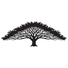 Black Silhouette Tree with Spreading Canopy and Detailed Branches on White Background