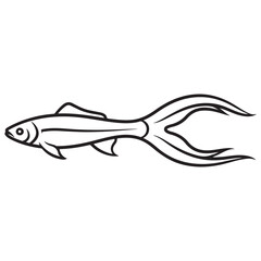 Black and White Outline Drawing of a Fish with a Flowing Tail