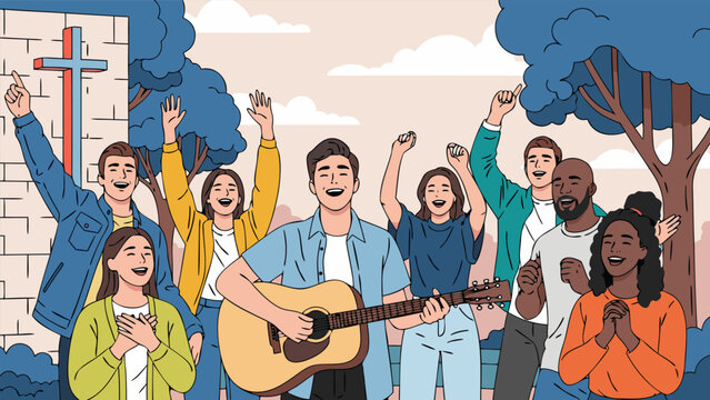 Joyful Community Worship A Vibrant Vector Illustration Depicting Diverse People Celebrating Faith and Togetherness with Music Outdoors