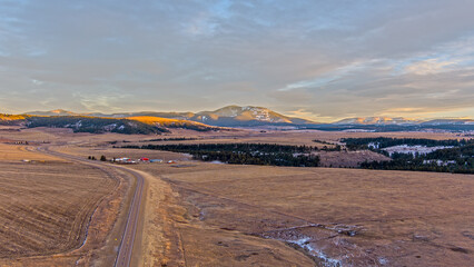 Aerial view of the Montana landscape at sunset in December near Showdown Ski area