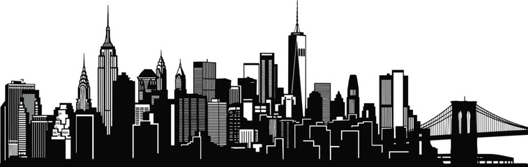 Obraz premium New York City skyline silhouette, iconic buildings, urban landmark, black and white vector, architectural illustration, flat design, cityscape art