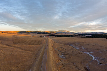 Aerial view of the Montana landscape at sunset in December near Showdown Ski area