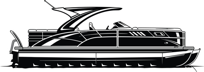 Pontoon boat line drawing, recreational watercraft sketch, canopy and seating design, leisure marine concept - flat vector illustration © Creative_mind 