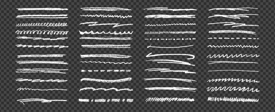 Chalk pencil watercolor brush and crayon underline line bundle on like png transparent bg offering hand drawn doodle effect with white color texture perfect for blackboard themed kit elements.