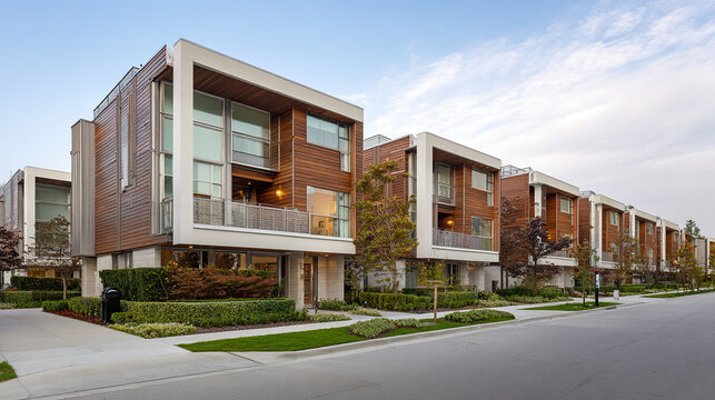 A modern housing complex with clean architectural lines, illuminated by soft daylight.
