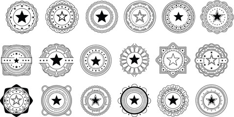 Badge icon set, star motif, award symbols, decorative seals, black and white vector, certificate design, emblem collection, flat illustration
