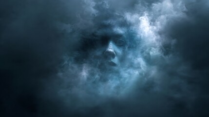 A ghostly face emerges from swirling clouds, evoking mystery and the unknown