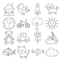 Hand drawn doodle icons set for kids, cute line art elements with animals, transport and nature, coloring book style