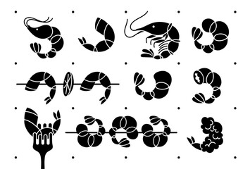 Monochrome prawn shrimp icon set. Black seafood silhouette design. Meat and delicacy logo. Cooking shrimp shapes for modern branding trend. 