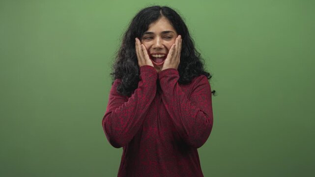 Woman wearing red sweater with hands on cheeks and open mouth in studio green backdrop, frontal pose showing upper body; surprise.