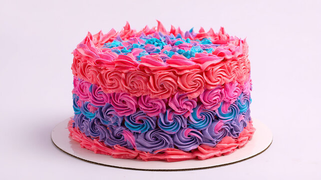 Festive birthday cake with decorative icing showcased in a clean, professional studio setup.
