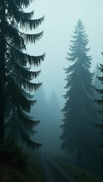 foggy road winding forest tall trees either side road trees shrouded thick fog giving scene mys