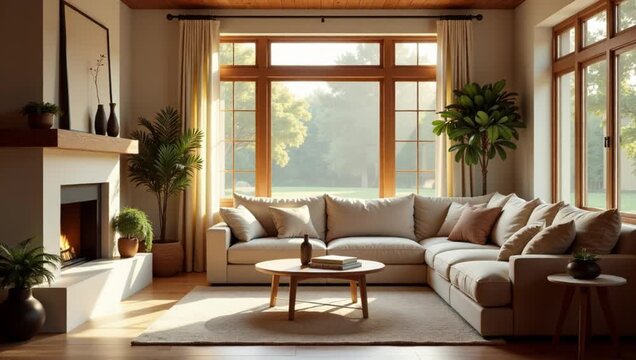living room cozy atmosphere sofa pillows table books bottle carpet floor houseplants firep