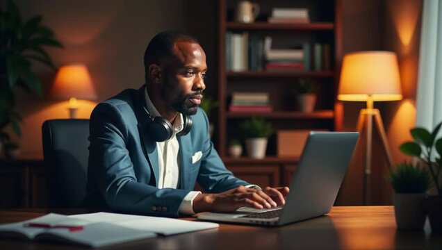 man suit sitting desk wearing headset working laptop desk papers pen pot plant th