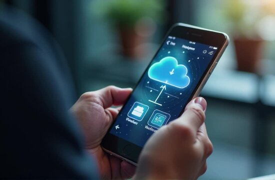 person holding mobile phone cloud icon screen hand focus background blurred