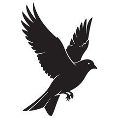 Black Silhouette of a Flying Bird with Spread Wings on White Background