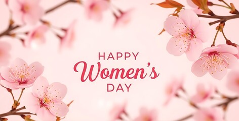Happy women's day greeting card with pink cherry blossoms on soft background