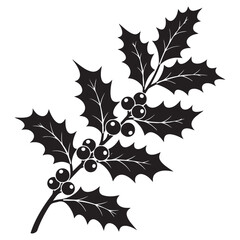 Stylized Black Holly Branch with Berries and Leaves on White Background