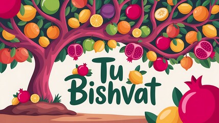 Tu Bishvat Jewish New Year of the Trees Greeting Banner with Fruit Tree Illustration