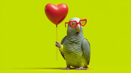 A parrot in heart-shaped glasses holding a heart balloon against a bright yellow background