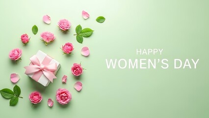 Happy women's day celebration with pink roses and gift on green background