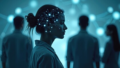 Woman with glowing neural network in head. People connected digitally, data streams flow between brains. Future of communication, thinking, and intelligence in cyber space.