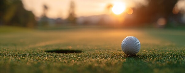Golf ball on the green inching towards the hole in a tranquil golf course