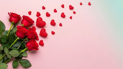 Red roses and heart shapes on pink background for valentine's day or romantic love