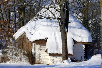 Old abandoned village, wooden houses, winter, snow, frost, tradition, difficult living conditions, Eastern Europe