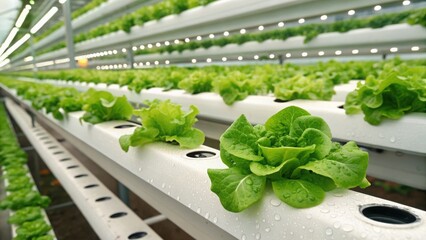 Fresh organic green lettuce growing in hydroponic system. Modern sustainable agriculture, soil-free farming, innovative food production, eco-technology concept.