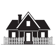 Monochromatic Illustration of a Traditional House with a Picket Fence