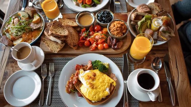 first person view of busy brunch table