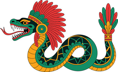 Aztec feathered serpent vector illustration inspired by Quetzalcoatl mythology, colorful tribal snake design isolated on white background for cultural art projects branding posters education