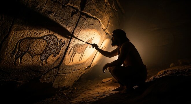 Man painting cave art of bison. Prehistoric artist creating ancient animal drawings in a dark cave illuminated by fire for historical education.