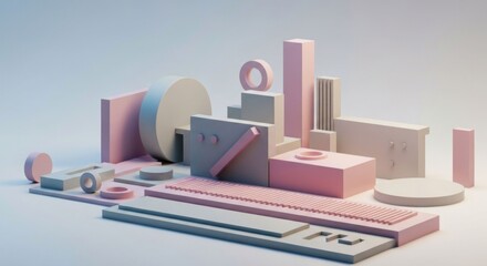 Pastel 3D shapes form abstract cityscape scene