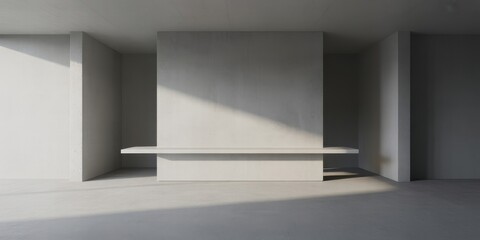 Empty concrete interior space with architectural bench and dramatic lighting