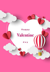 Valentine's Day paper art background collection. 3D paper cut style illustration with romantic hearts and hot air balloons on pastel sky