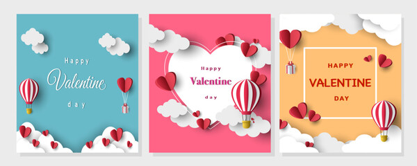 Valentine's Day paper art background collection. 3D paper cut style illustration with romantic hearts and hot air balloons on pastel sky