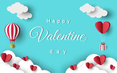 Valentine's Day paper art background collection. 3D paper cut style illustration with romantic hearts and hot air balloons on pastel sky