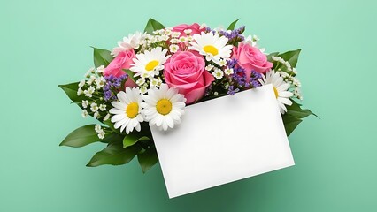 Beautiful Floral Bouquet with Blank Card Mockup on Pastel Green Background