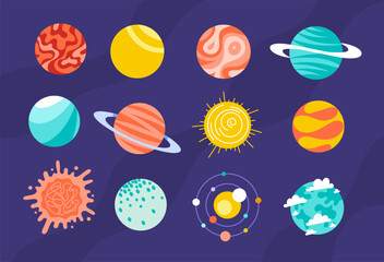 Planets space minimalistic set. Solar system planets. Doodle galaxy cosmos set. Astronomy kids icons. Colorful Space spheres planets elements