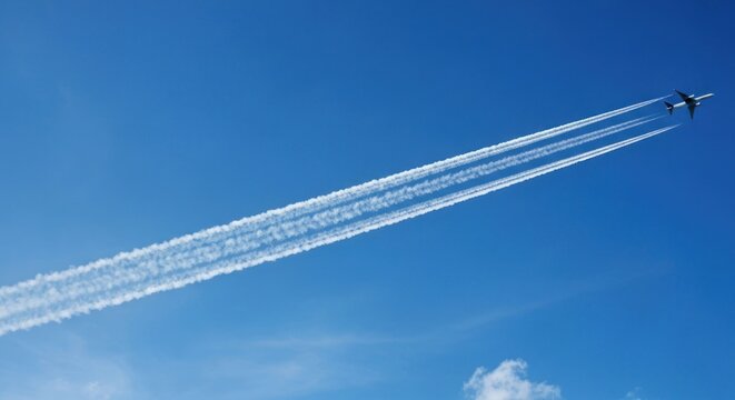 Plane leaves contrails across clear blue sky - Powered by Adobe