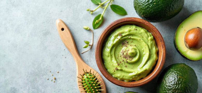 Avocado puree in a bowl. Homemade hair mask next to wooden hairbrush and fresh avocados. Natural beauty treatment spa recipe. Top view photo with copy space on grey background.
